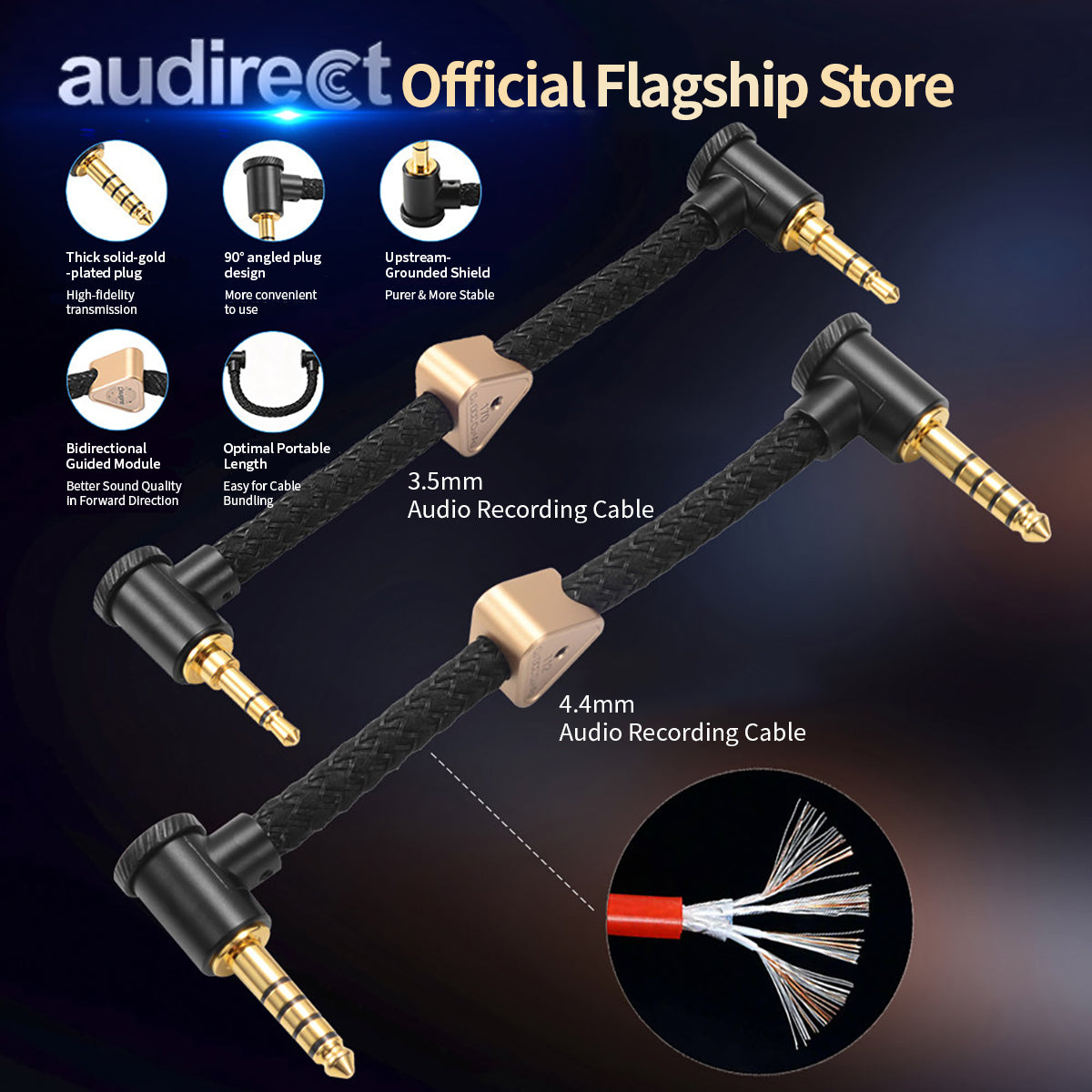 Audirect 6N (3.5mm/4.4mm) – Angled AUX Audio Cable
