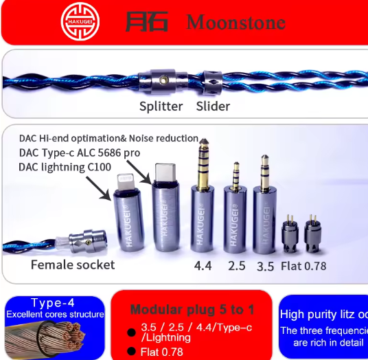 HAKUGEI Moonstone litz 6NOCC hifi earphone cable