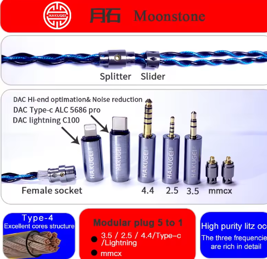 HAKUGEI Moonstone litz 6NOCC hifi earphone cable