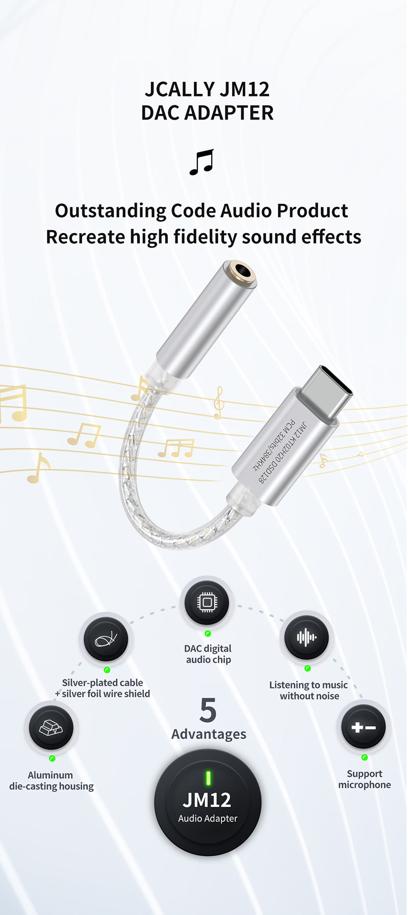 Audione JCALLY JM12 Digital Audio Adapter Type-C to 3.5mm Audio Adapter DAC Chip 32bits/384KH DSD128