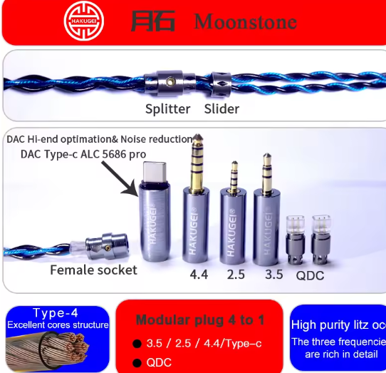 HAKUGEI Moonstone litz 6NOCC hifi earphone cable