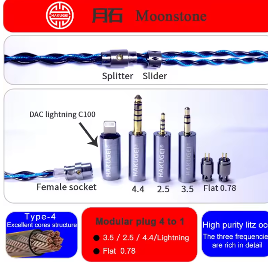 HAKUGEI Moonstone litz 6NOCC hifi earphone cable