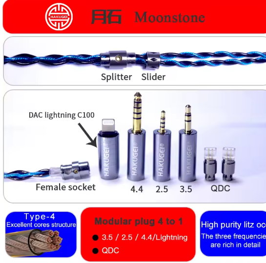HAKUGEI Moonstone litz 6NOCC hifi earphone cable